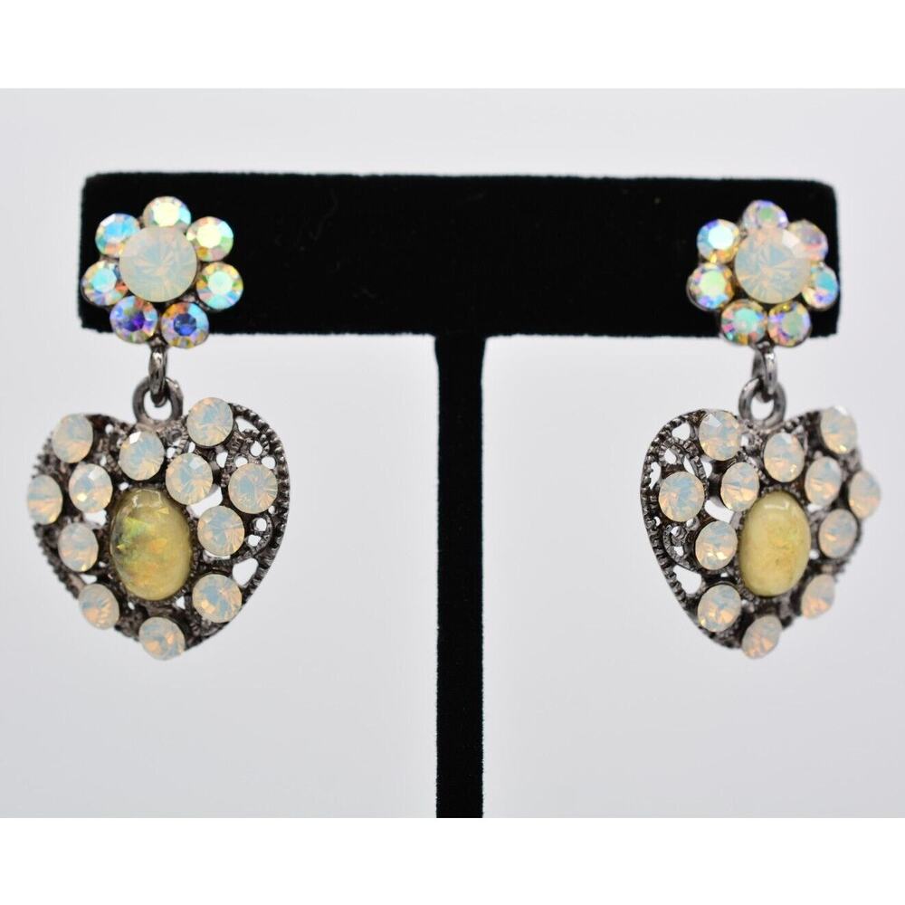 SNK Vintage Crystal Heart Earrings Milk Cabochon Rhinestone Signed 1990s Bin1